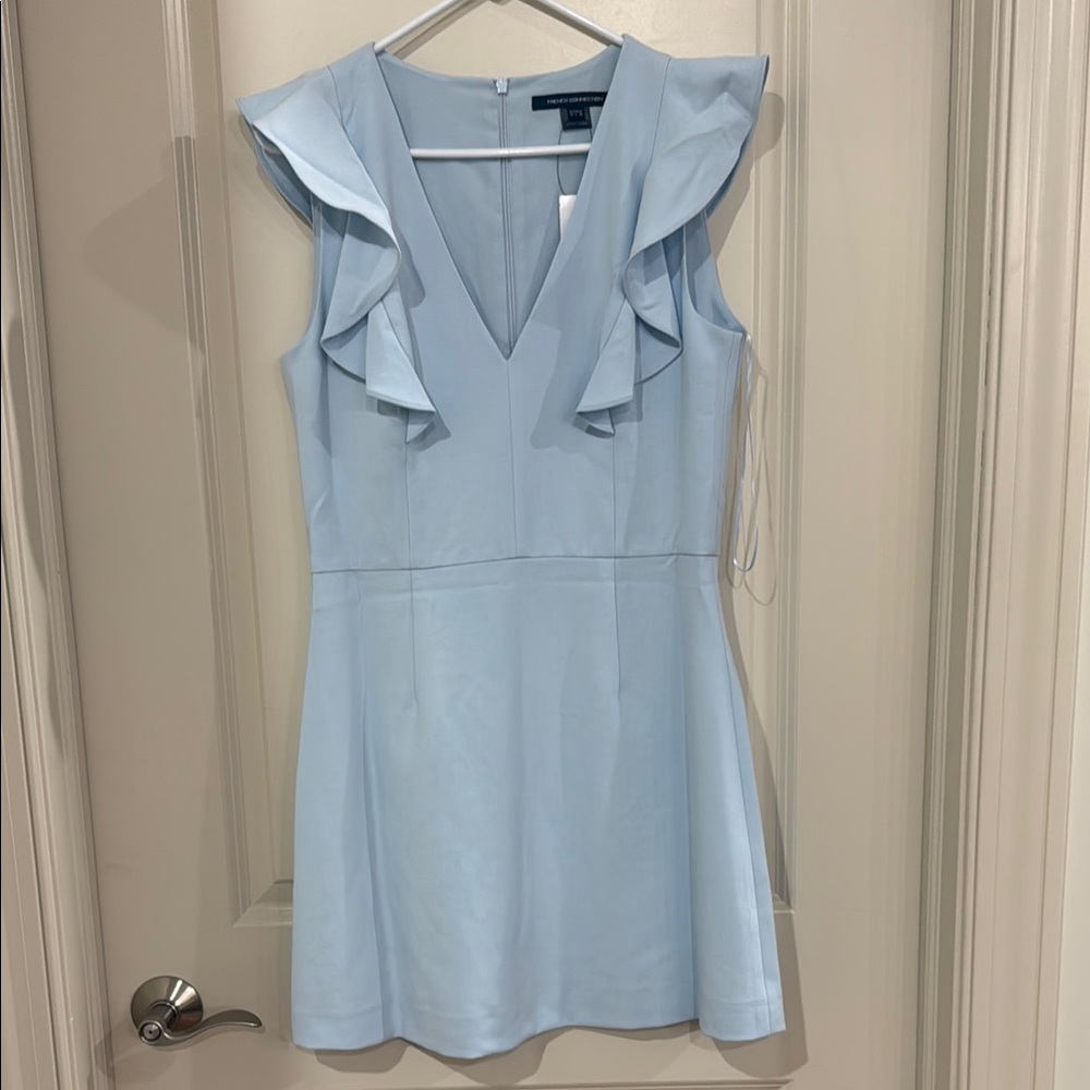 French Connection Blue Whisper Ruffle Dress V-Neck A-Line